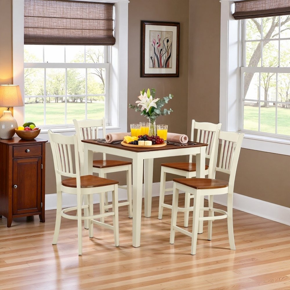 White Solid Wood 5 Piece Counter Height Dining Room Table Set for 4