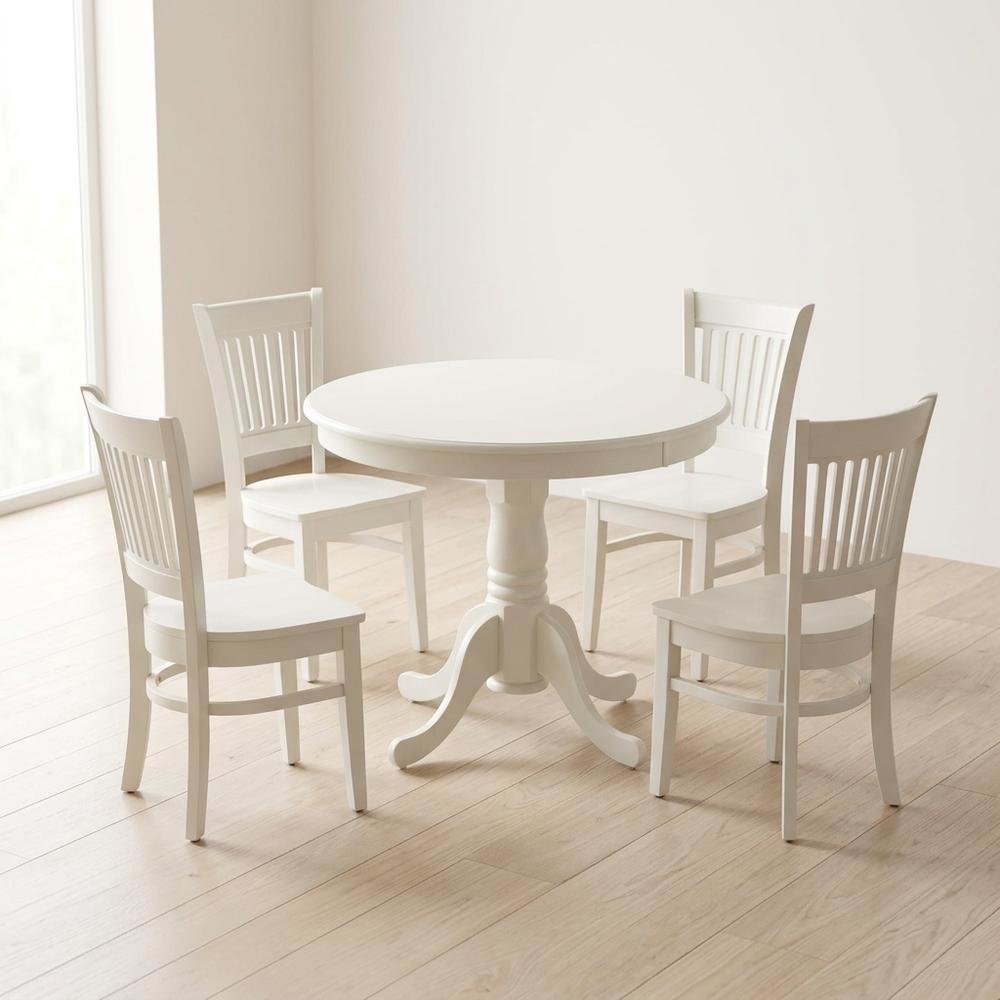Solid Wood Round Kitchen Dining Table 5-Piece with Slatted Chairs