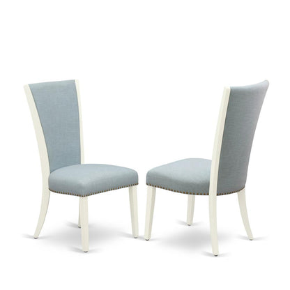 East West Furniture X097VE215-7 7 Piece Dining Table Set - 6 Baby Blue Linen Fabric Dining Room Chairs with Nail Heads and Cement Dinner Table - Linen White Finish