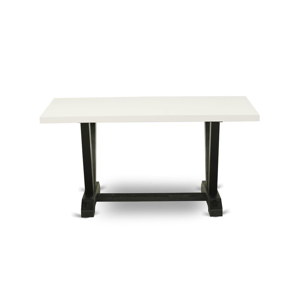 V626MZ650-7 7 Pc Table Set - Linen White Dinner Table with 6 Dark Gotham Grey Parson Chairs - Wire Brushed Black Finish
