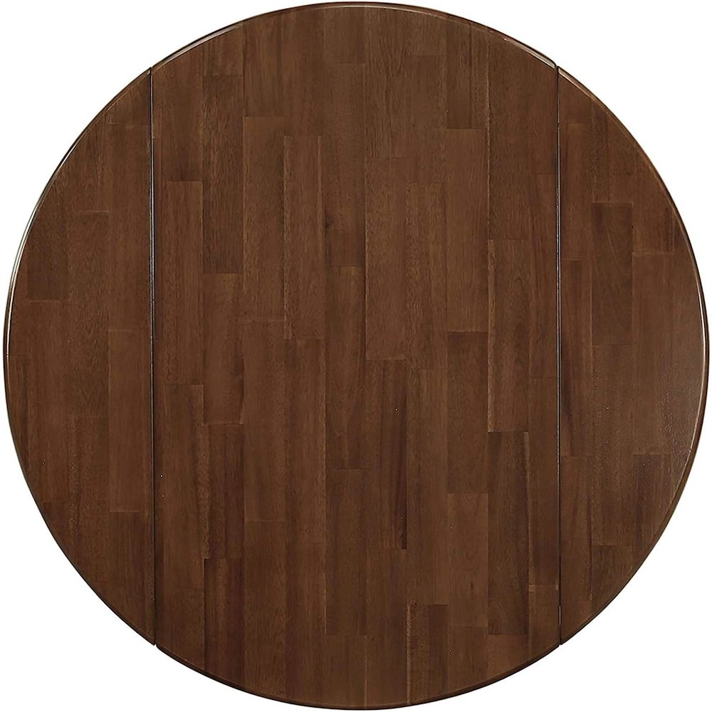 Round Table, Two Drop Leaves, Walnut & Black Finish, Solid Wood, 42-Inch
