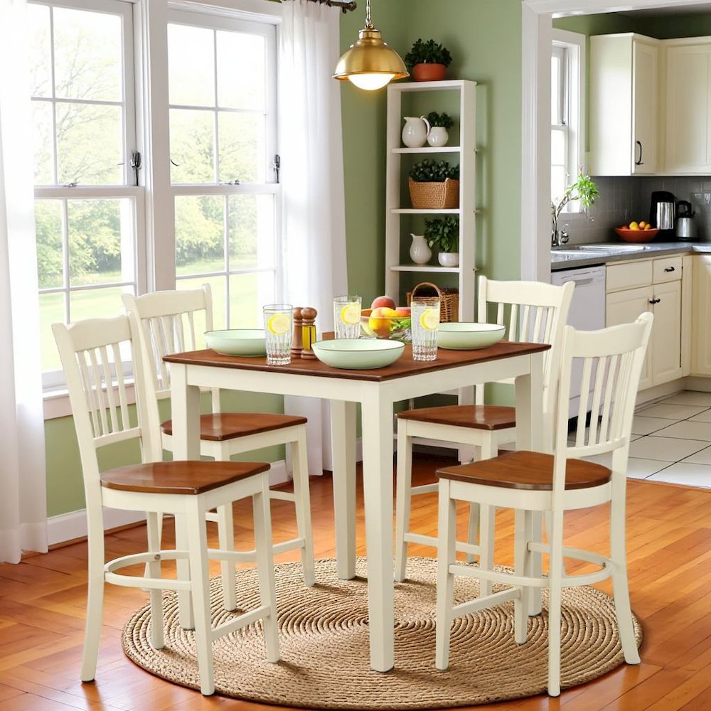 White Solid Wood 5 Piece Counter Height Dining Room Table Set for 4