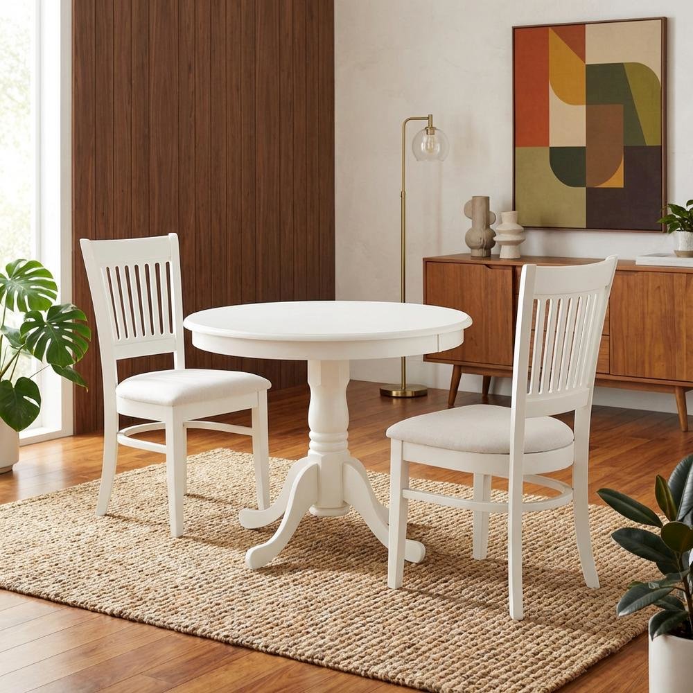 White Solid Wood Dining Table for 2 with Chairs, Small 3 Piece Set