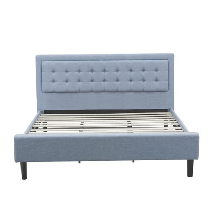FN11K-1VL0C 2-Piece Platform Bed Set with 1 King Size Bed and a Small Nightstand - Denim Blue Linen Fabric