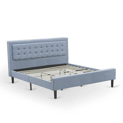 FN11K-1VL0C 2-Piece Platform Bed Set with 1 King Size Bed and a Small Nightstand - Denim Blue Linen Fabric
