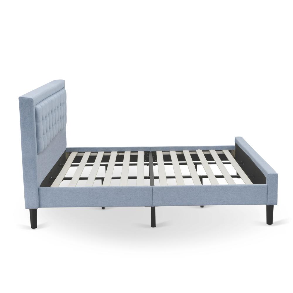 FN11K-1VL0C 2-Piece Platform Bed Set with 1 King Size Bed and a Small Nightstand - Denim Blue Linen Fabric