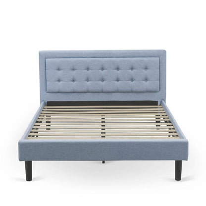 FN11Q-1VL0C 2-Pc Platform Queen Bed Set Furniture with 1 Wood Bed Frame and a Night Stand for Bedrooms - Denim Blue Linen Fabric