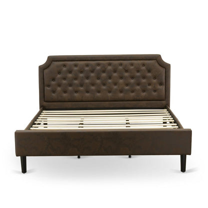 GB25K-2GA08 3-Pc Bedroom Set with a King Bed and 2 Antique Walnut Mid Century Nightstands - Dark Brown Faux Leather and Black Legs
