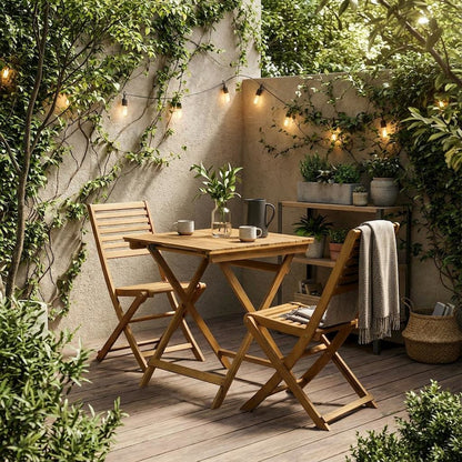 Oil-Finish 3-Piece Outdoor Patio Set with Wooden Folding Table and 2 Chairs