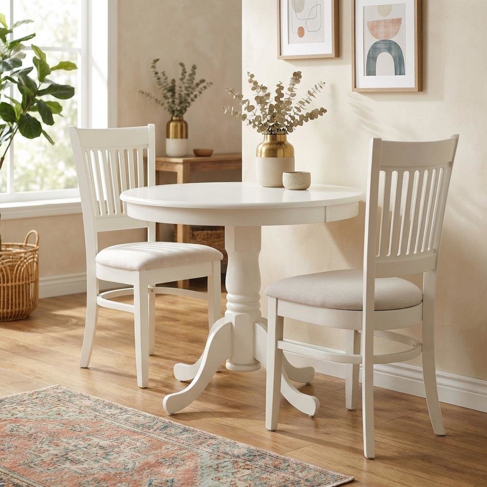 White Solid Wood Dining Table for 2 with Chairs, Small 3 Piece Set