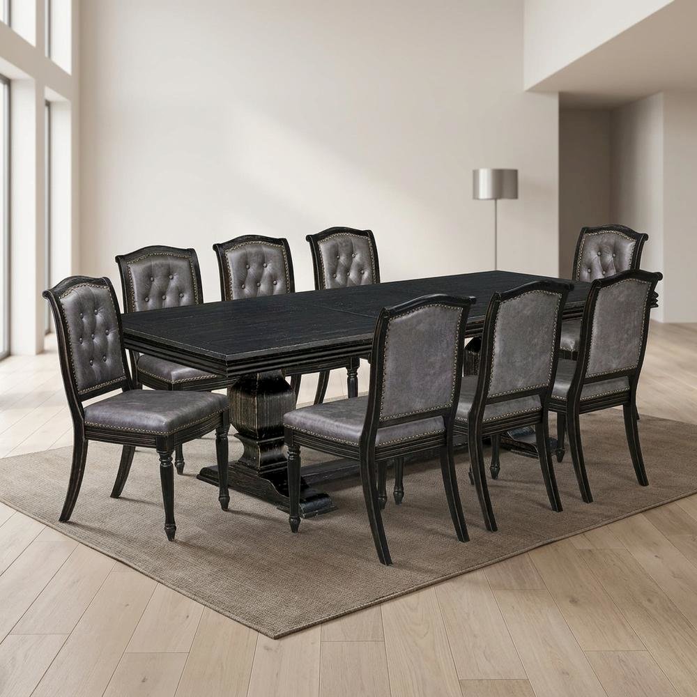 Solid Wood Rectangular Dining Table & Button-Tufted Chairs 9-Piece, Dark Grey