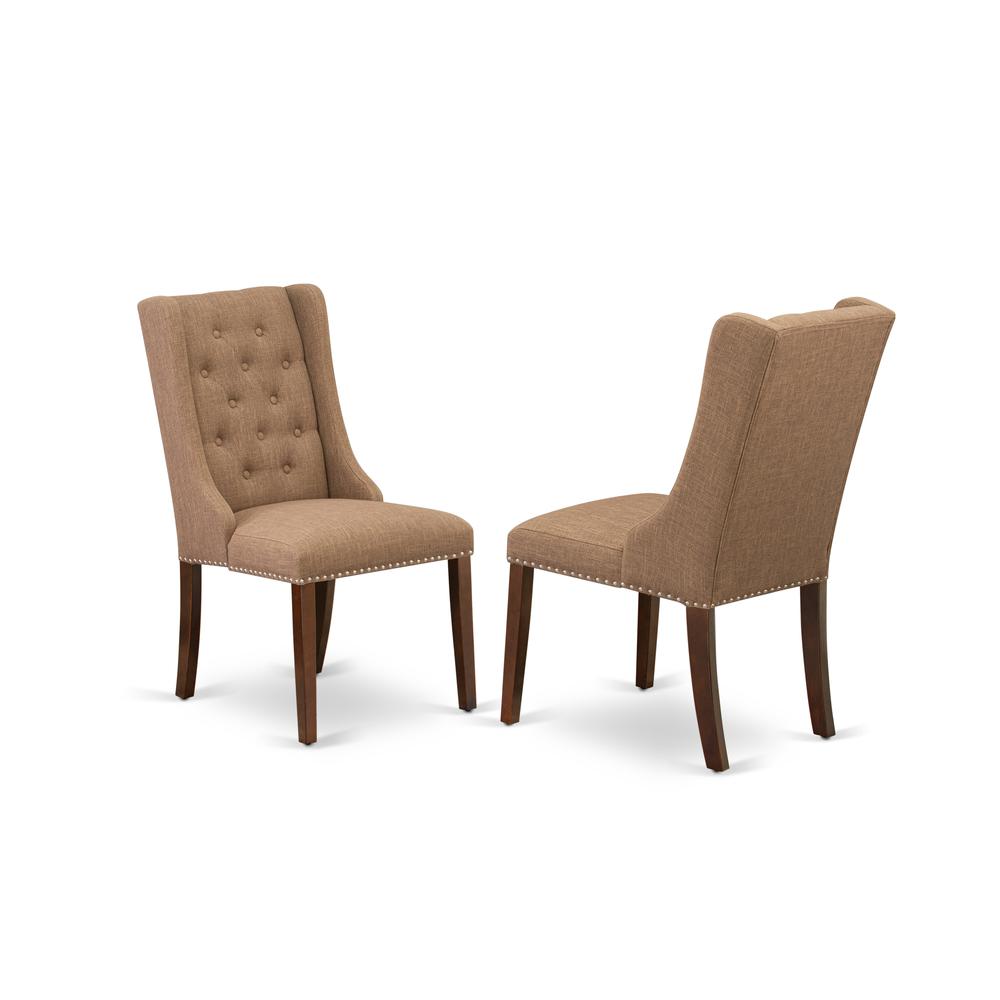 East West Furniture HLFO5-MAH-47 5-Piece Kitchen Dining Room Set Includes 1 Pedestal Table and 4 Light Sable Linen Fabric Parson Chairs with Button Tufted Back - Mahogany Finish