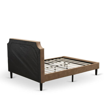 GB28Q-2HI07 3-Piece Wooden Set for Bedroom with Bedframe and 2 Distressed Jacobean End Tables - Brown Faux Leather and Black Legs