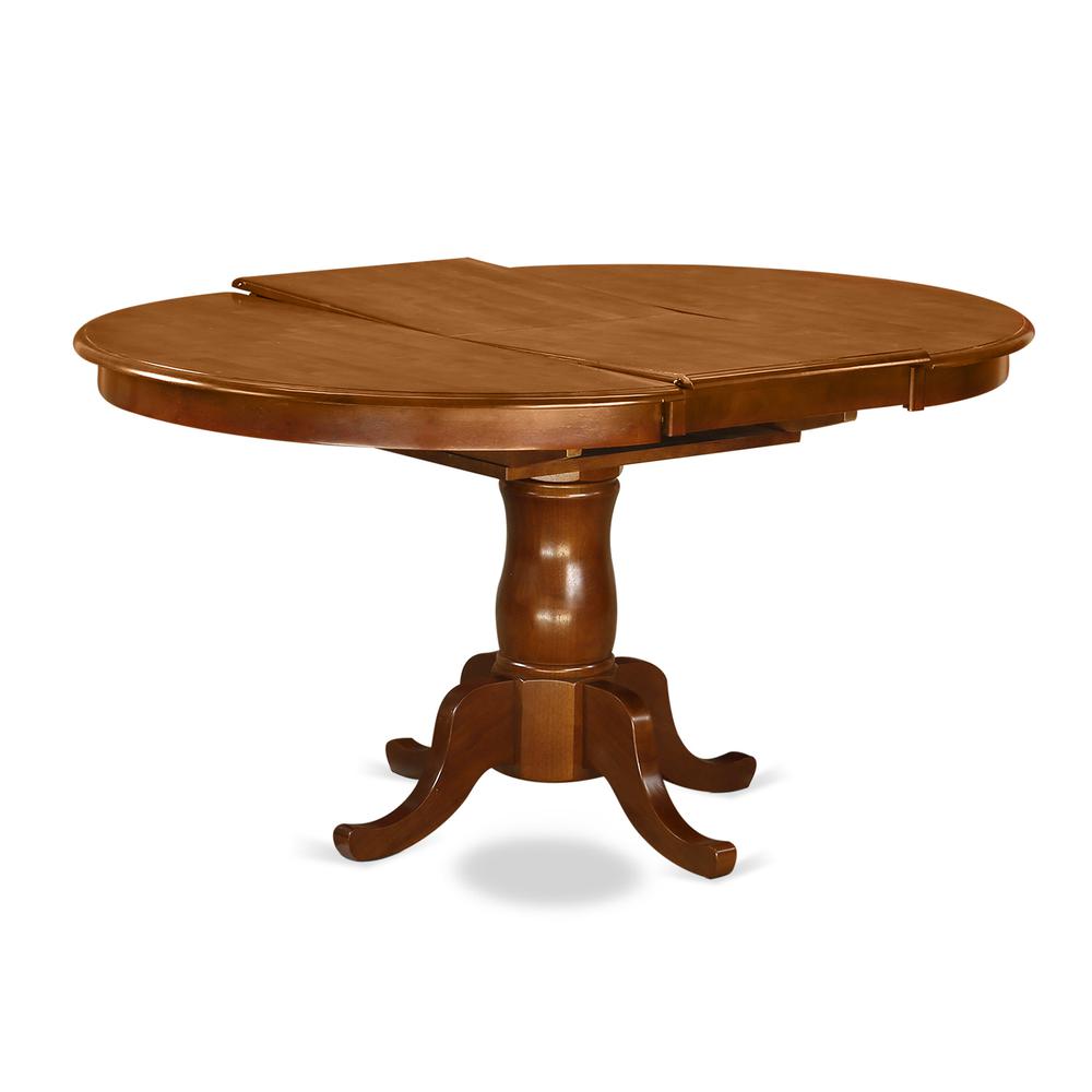 7 Pc Portland Table having 18" Leaf and 6 hard wood Seat Chairs in Saddle Brown