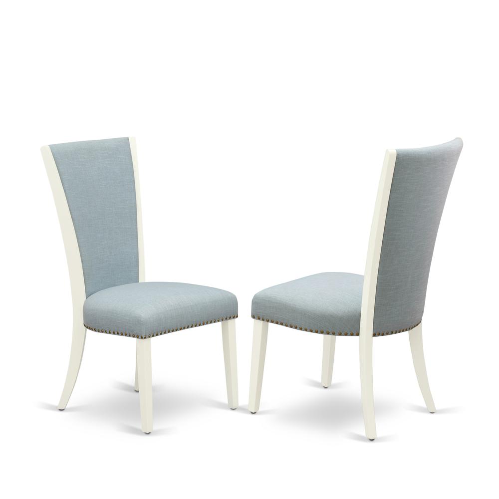 East-West Furniture LGVE7-LWH-15 - A wooden dining table set of 6 amazing parson chairs with Linen Fabric Baby Blue color and a beautiful dining table with Linen White color