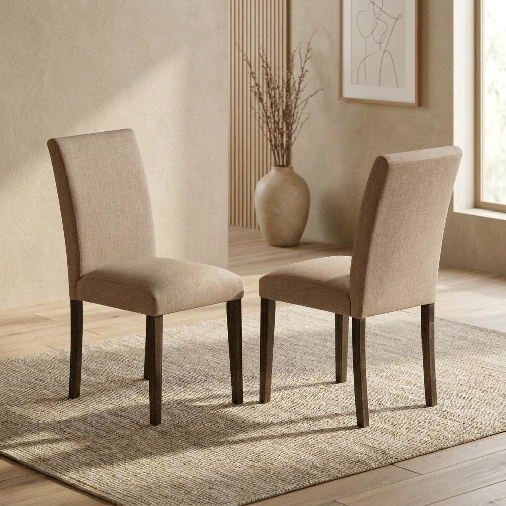 Solid Wood Linen Upholstered High-Back Parsons Dining Chairs, Set of 2