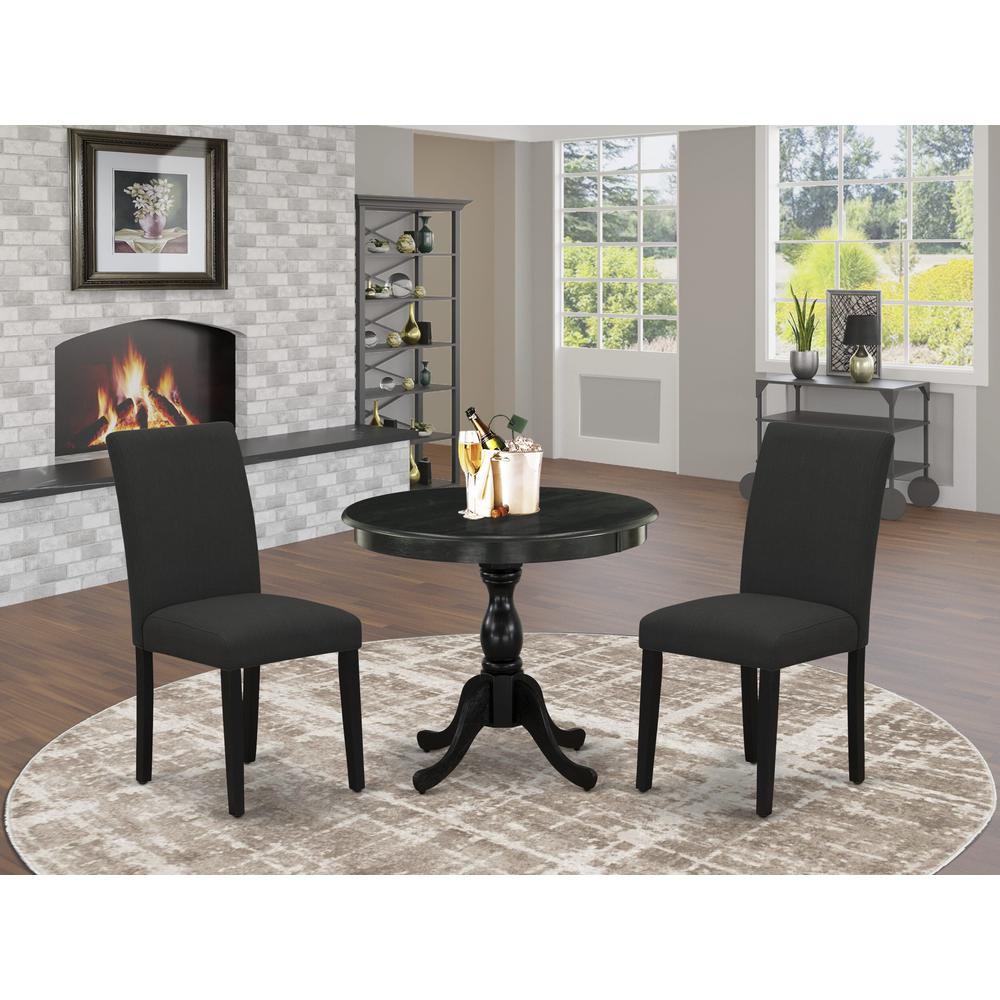 East West Furniture 3 Piece DINETTE SET Contains 1 Wooden Dining Table and 2 Black Linen Fabric Dinning Chairs with High Back – Wire Brushed Black Finish