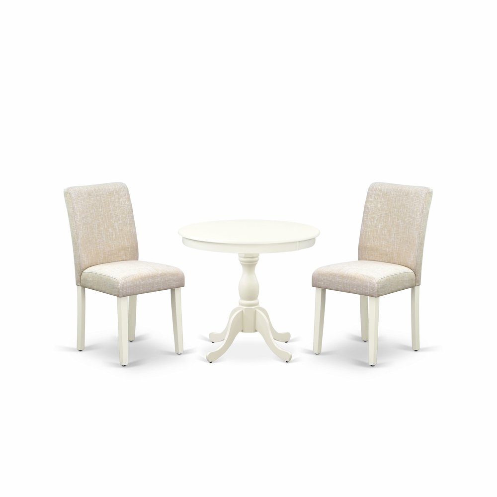 AMAB3-LWH-02 3 Pc Kitchen Table Set - 1 Pedestal Table and 2 Light Beige Parson Chairs - Linen White Finish