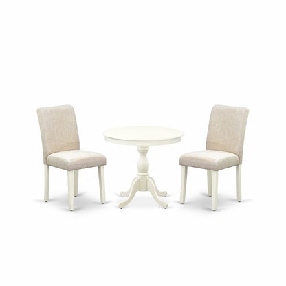 AMAB3-LWH-02 3 Pc Kitchen Table Set - 1 Pedestal Table and 2 Light Beige Parson Chairs - Linen White Finish