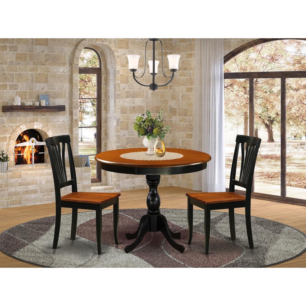 East West Furniture 3-Piece Table Set Contains a Kitchen Table and 2 Modern Dining Chairs with Slatted Back - Black Finish