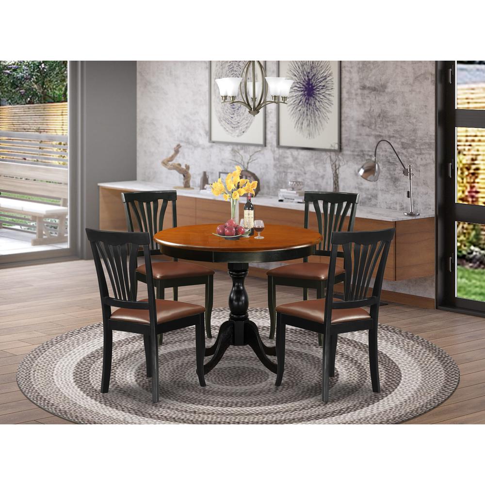 East West Furniture 5-Piece Dining Room Set Consists of a Mid Century Dining Table and 4 Faux Leather Dinner Chairs with Slatted Back - Black Finish