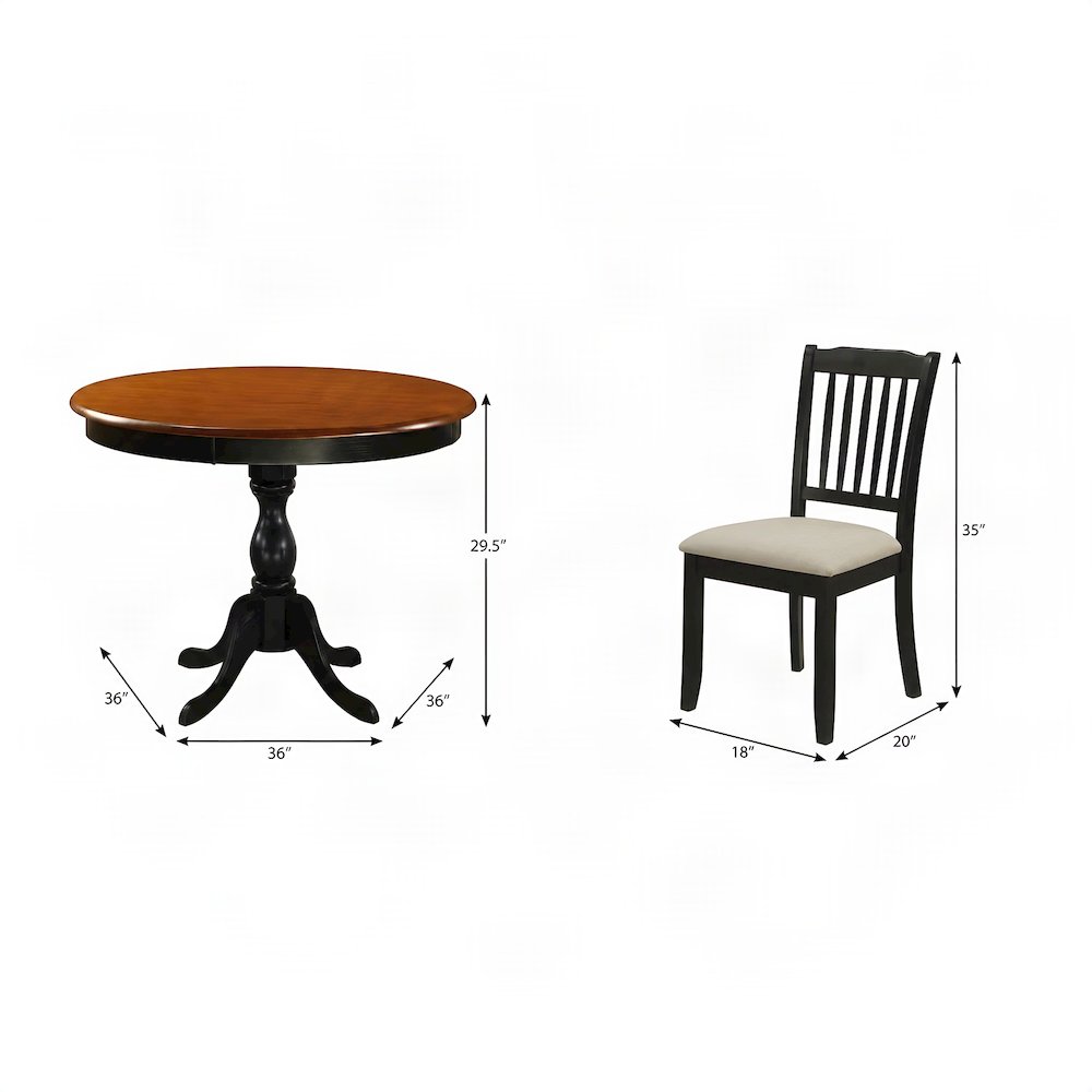 Solid Wood Round Dining Table and Linen Slatted-Back Chairs 5 Piece Set