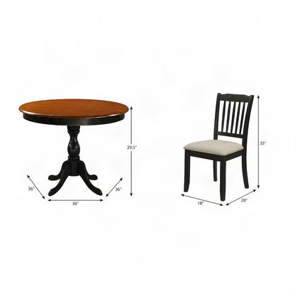Solid Wood Round Dining Table and Linen Slatted-Back Chairs 5 Piece Set