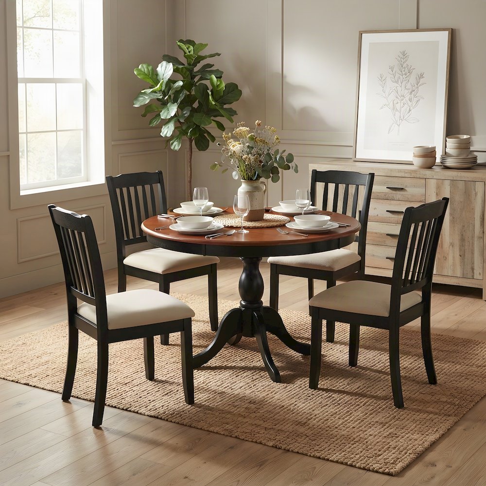 Solid Wood Round Dining Table and Linen Slatted-Back Chairs 5 Piece Set