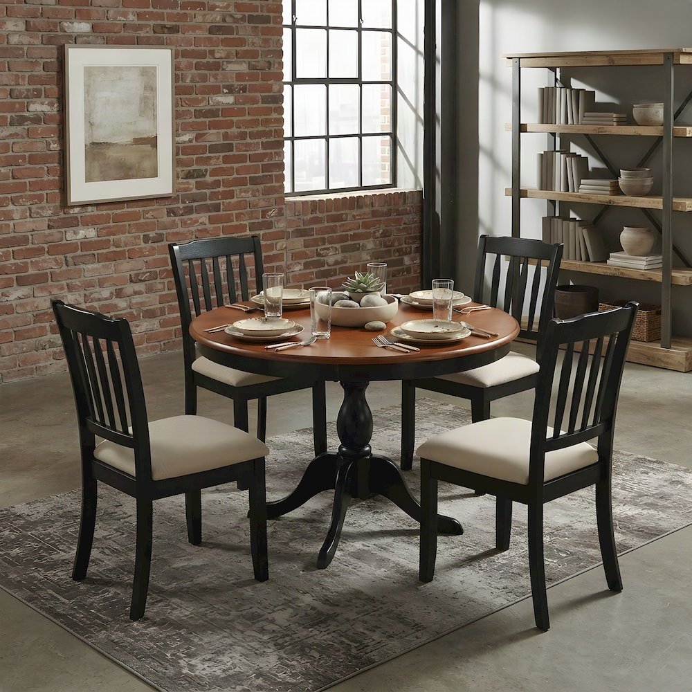 Solid Wood Round Dining Table and Linen Slatted-Back Chairs 5 Piece Set