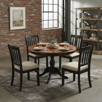 Solid Wood Round Dining Table and Linen Slatted-Back Chairs 5 Piece Set
