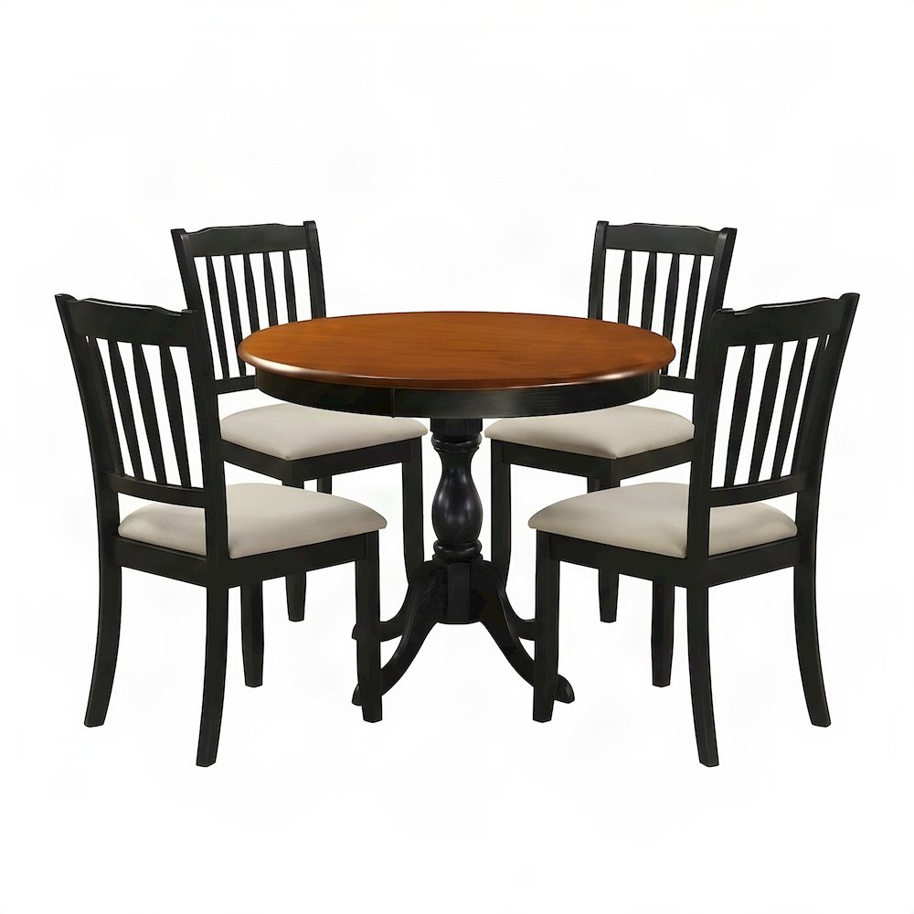 Solid Wood Round Dining Table and Linen Slatted-Back Chairs 5 Piece Set