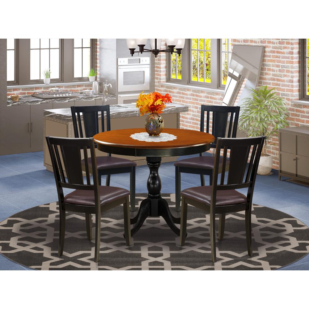 East West Furniture 5-Pc Dining Room Set Includes a Wooden Kitchen Table and 4 Faux Leather Dining Chairs with Panel Back - Black Finish