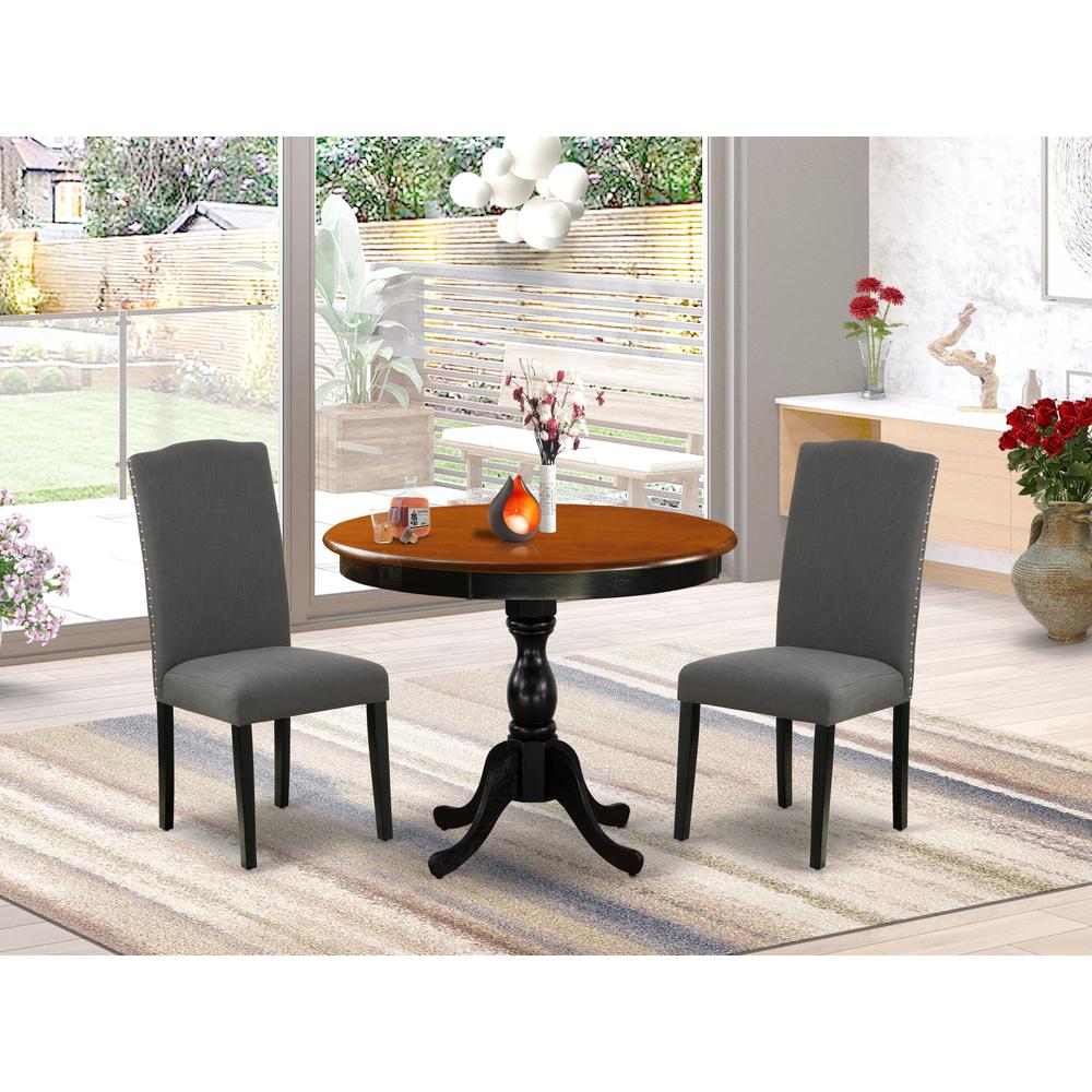 East West Furniture 3-Pc Wooden Dining Set Includes a Wood Table and 2 Dark Gotham Grey Linen Fabric Kitchen Chairs with High Back - Black Finish