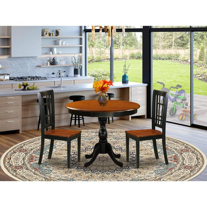 East West Furniture 3-Piece Modern Dining Table Set Contains a Dining Room Table and 2 Dining Chairs with Slatted Back - Black Finish