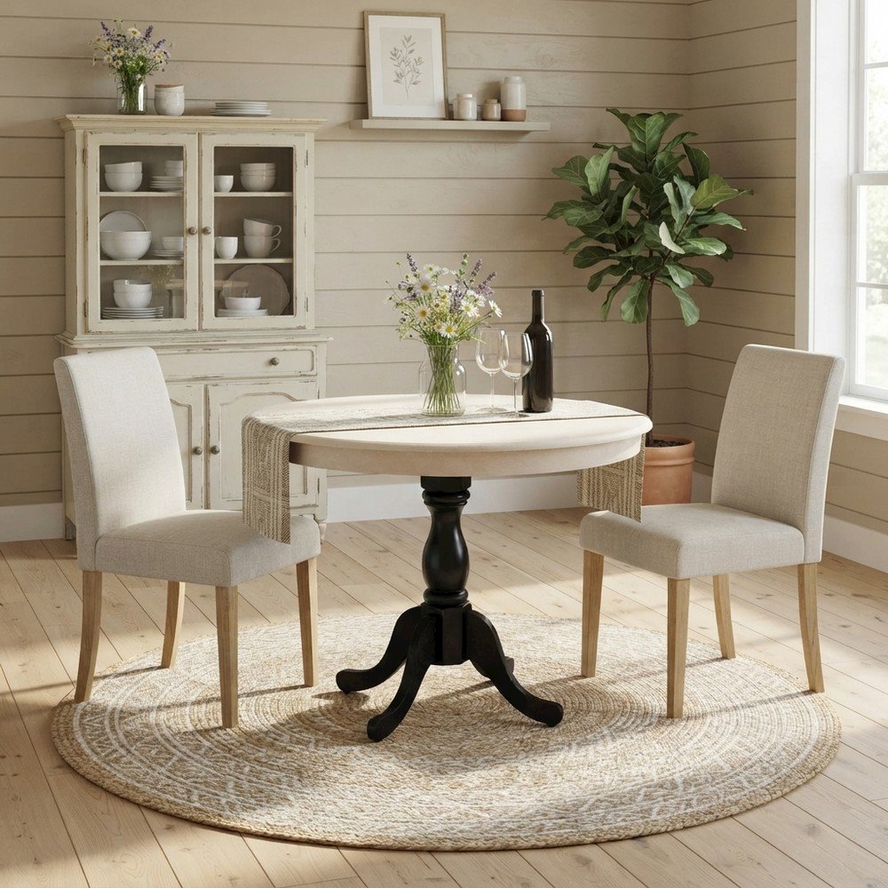 Solid Wood Round Pedestal Kitchen and Dining Table, Compact, Linen White