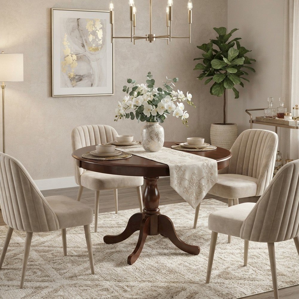 Solid Wood Round Pedestal Kitchen and Dining Table, Compact, Mahogany