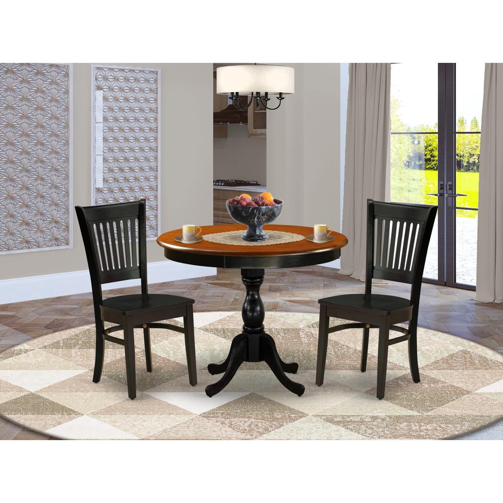 East West Furniture 3-Piece Mid Century Dining Set Include a Modern Dining Table and 2 Dining Chairs with Slatted Back - Black Finish