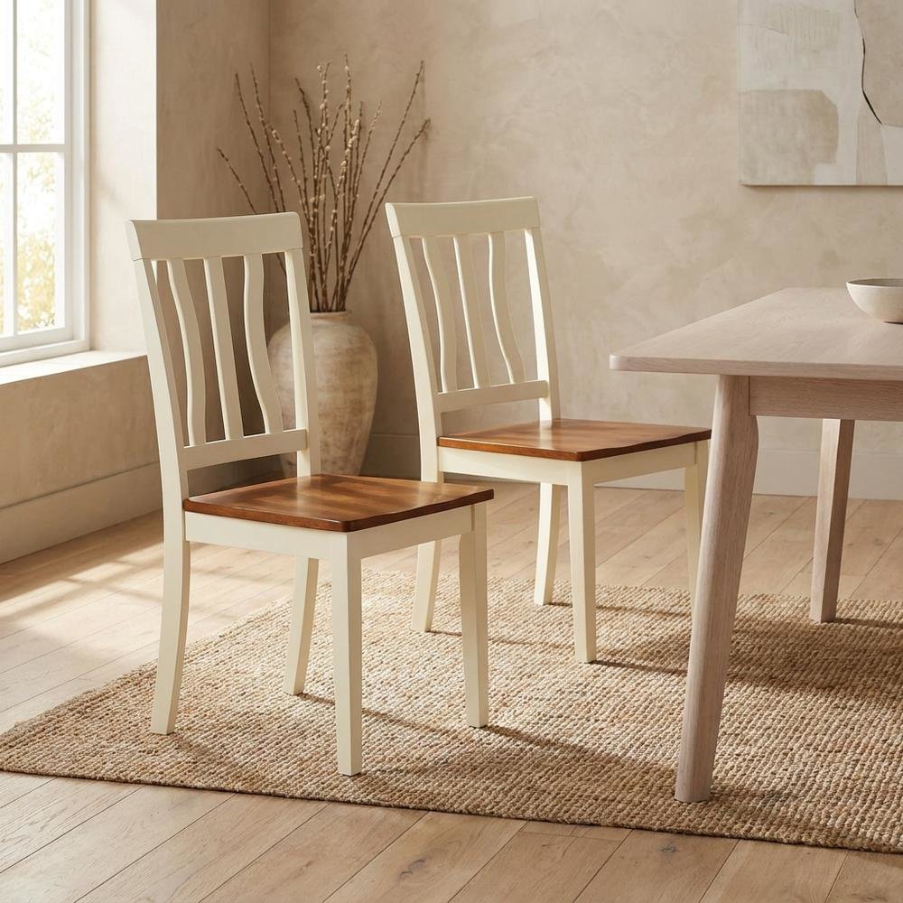 Solid Wood Antique Kitchen Dining Chairs, Buttermilk and Cherry, Set of 2