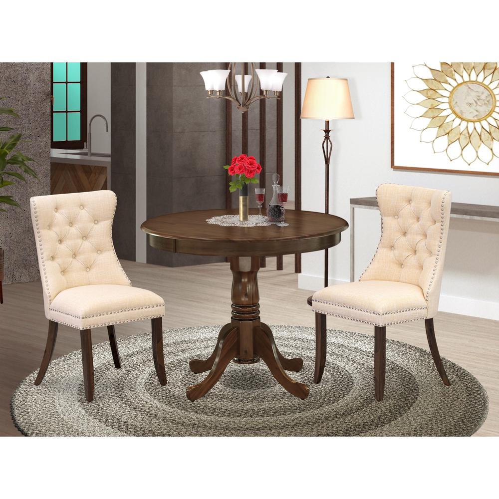 East West Furniture ANDA3-AWA-32 3 Piece Modern Dining Set Consists of a Round Kitchen Table with Pedestal and 2 Padded Chairs, 36x36 Inch, Antique Walnut