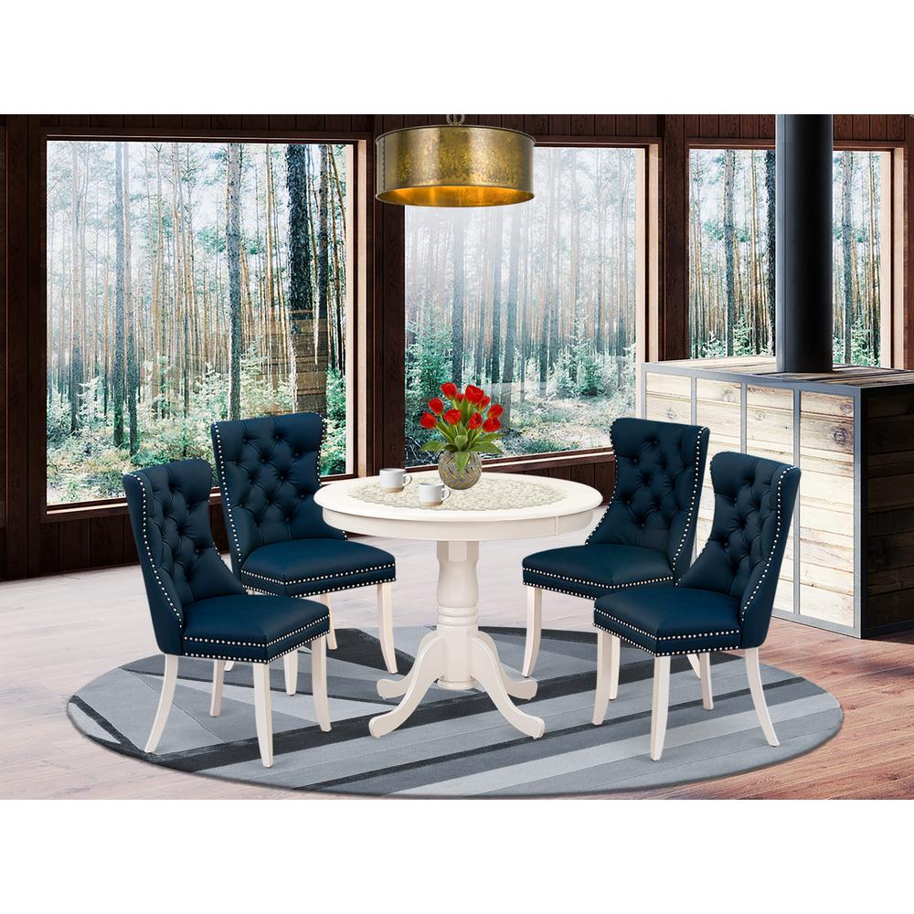 East West Furniture ANDA5-LWH-29 5 Piece Dining Room Set Consists of a Round Kitchen Table with Pedestal and 4 Upholstered Chairs, Linen White