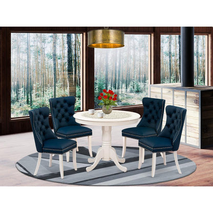 East West Furniture ANDA5-LWH-29 5 Piece Dining Room Set Consists of a Round Kitchen Table with Pedestal and 4 Upholstered Chairs, Linen White