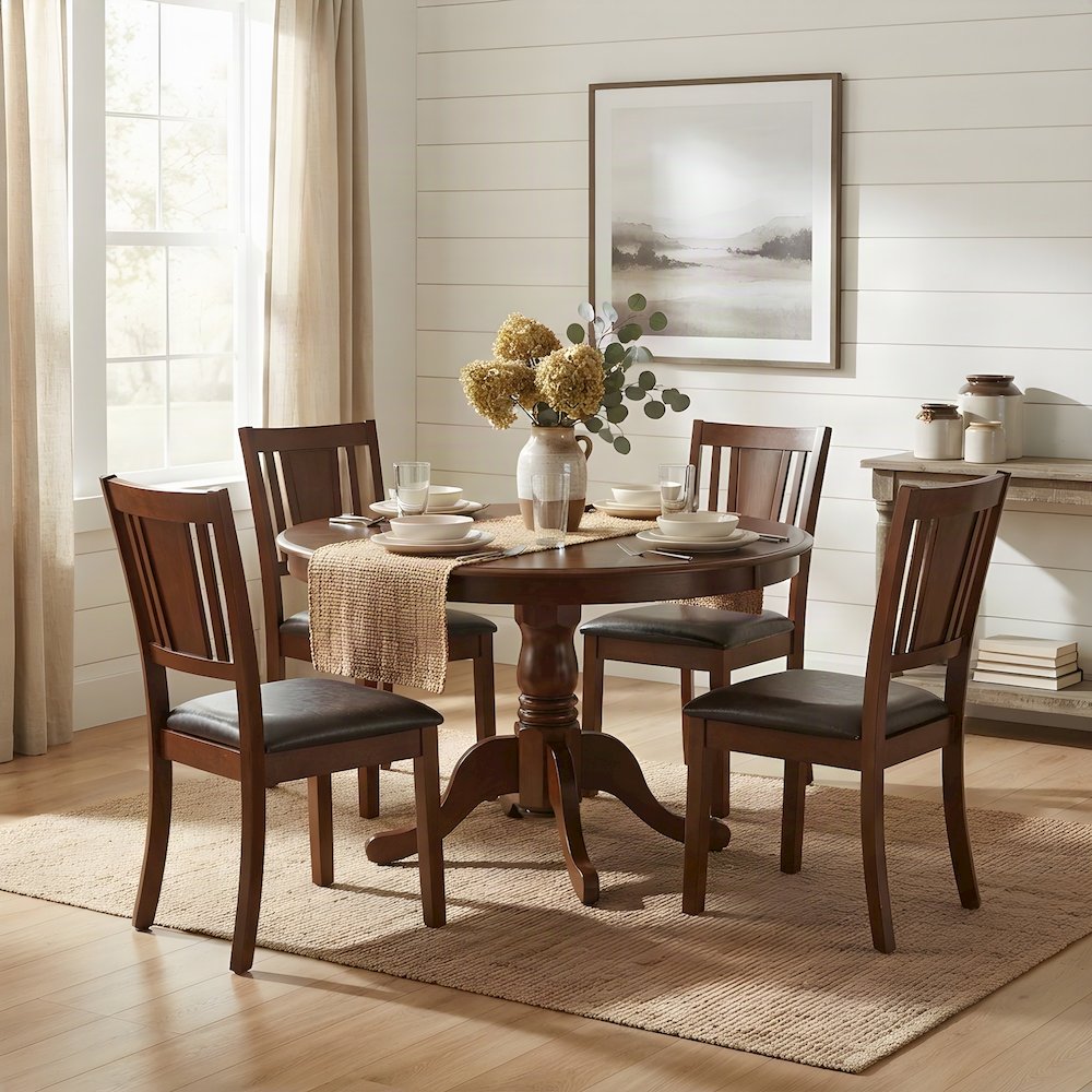 Mahogany Square Pedestal Kitchen Table with Upholstered Dining Chairs