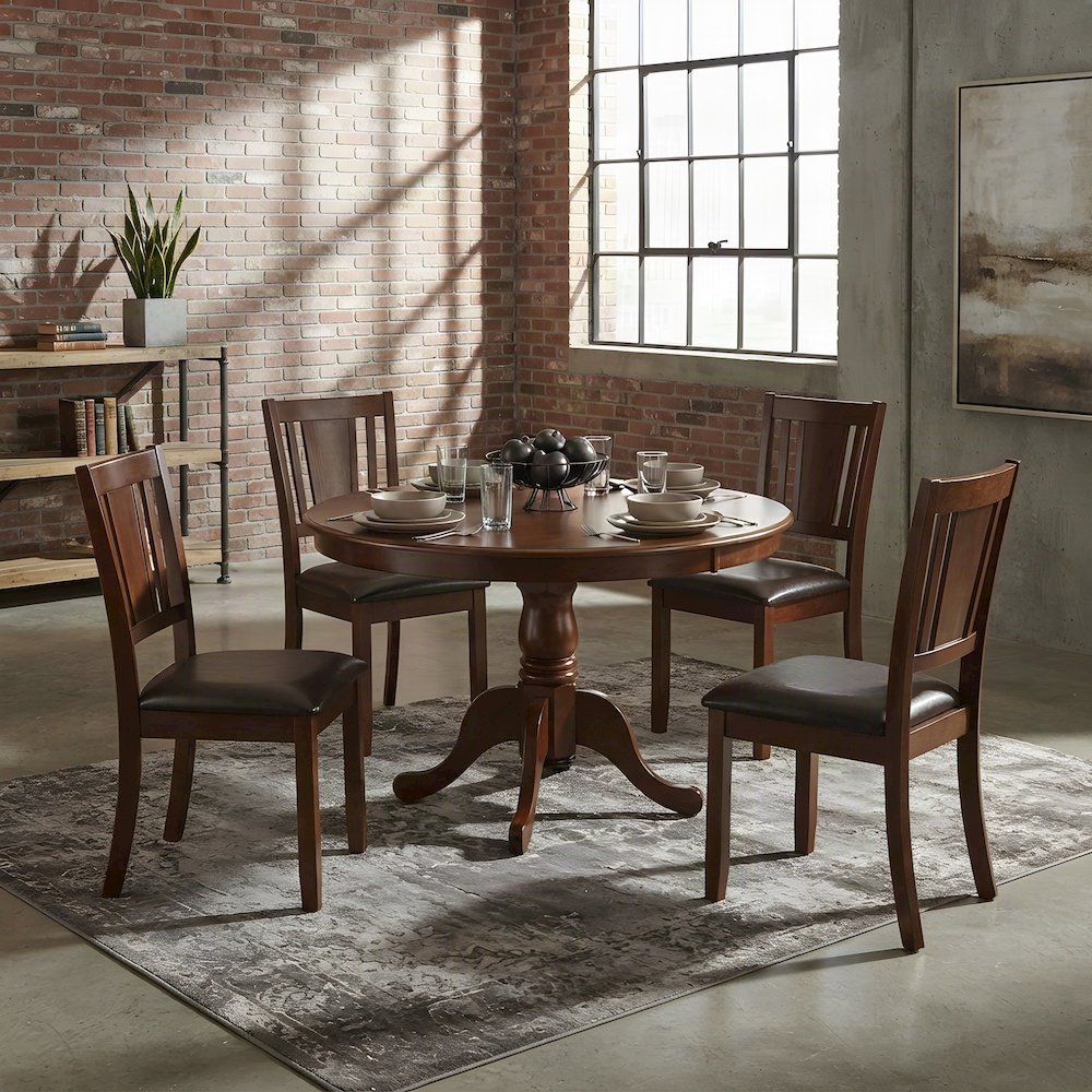 Mahogany Square Pedestal Kitchen Table with Upholstered Dining Chairs