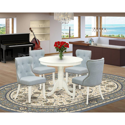 ANSI5-LWH-15 - A dining room table set of 4 wonderful indoor dining chairs with Linen Fabric Baby Blue color and a stunning 36-Inch Round dining table with Linen White color