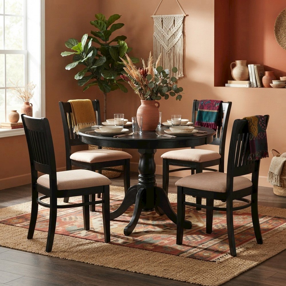 Solid Wood Round Dining Table Set with Linen Slatted-Back Chairs, Black, 3 Piece