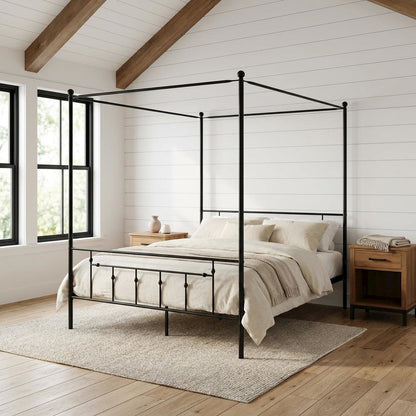 Solid Wood Canopy Bed with Metal Frame, Full Size Canopy Bed Frame