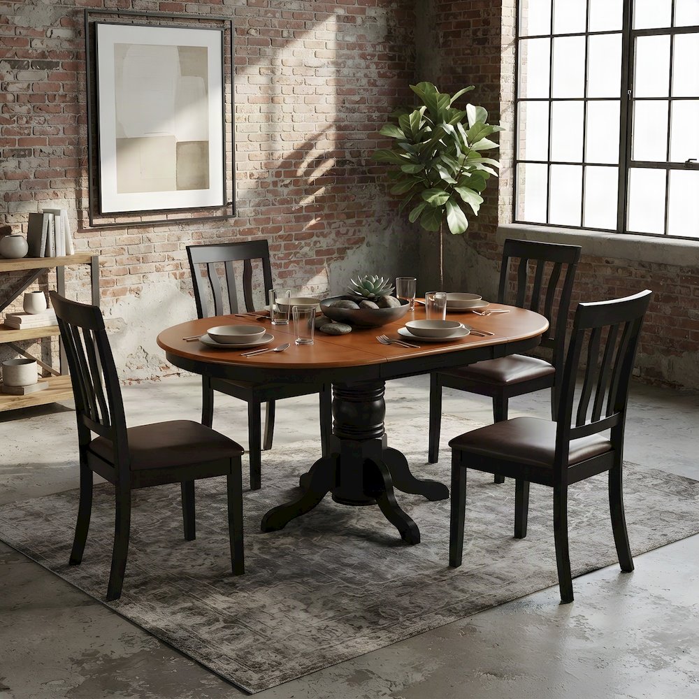 Wood Oval Dining Table with Faux Leather Chairs, 5 Piece Set, Black & Cherry