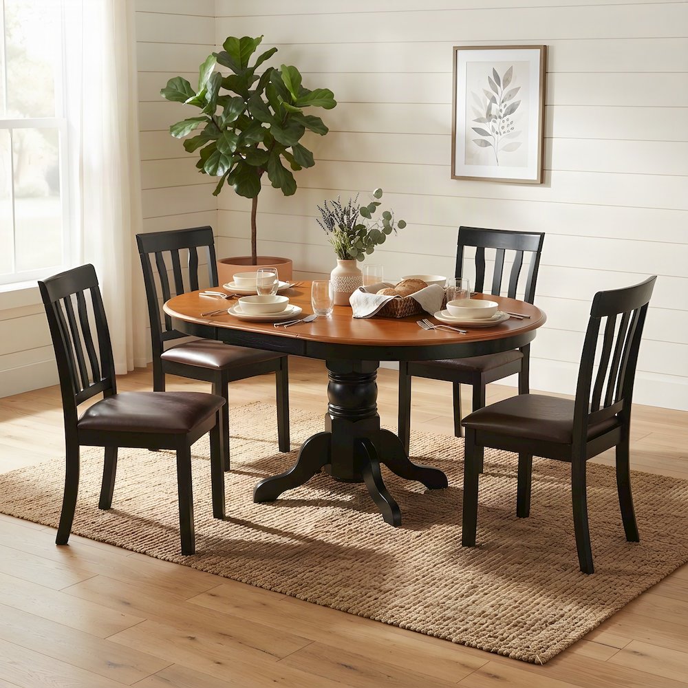 Wood Oval Dining Table with Faux Leather Chairs, 5 Piece Set, Black & Cherry