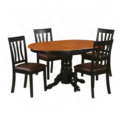 Wood Oval Dining Table with Faux Leather Chairs, 5 Piece Set, Black & Cherry