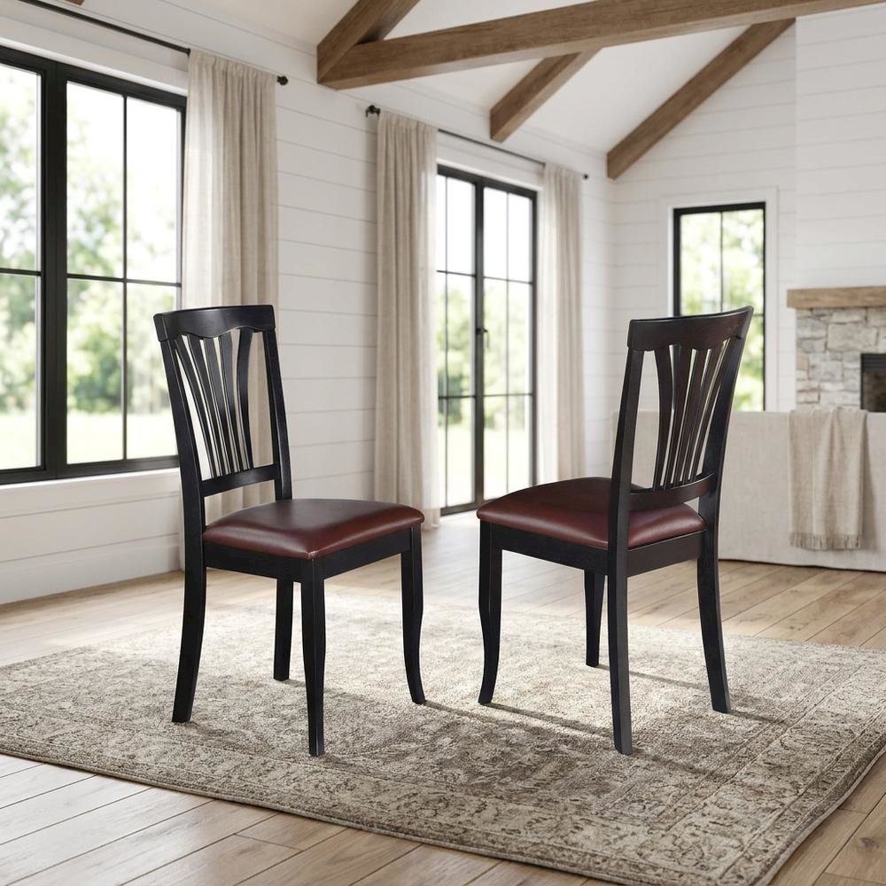 Solid Wood Traditional Dining Chair with Faux Leather Seat, Black, Set of 2
